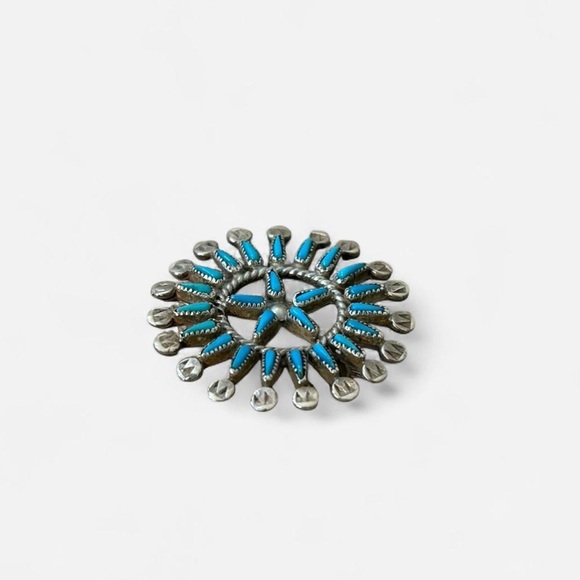 Vintage Zuni Native Mahkee Cluster Turquoise Silver Brooch Pin - Picture 4 of 5